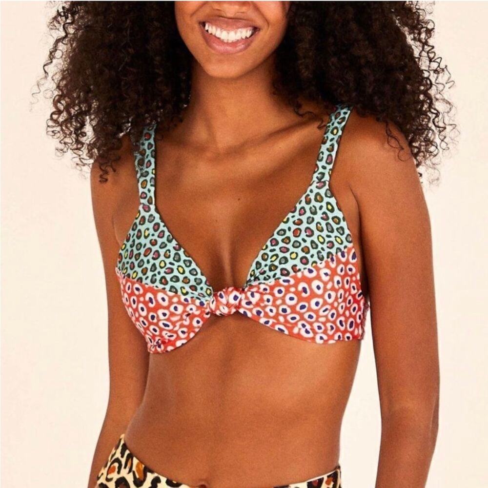 NWT Farm Rio Swimsuit Knot Bikini Leopard Patch Bra Top Pink Blue Animal Small